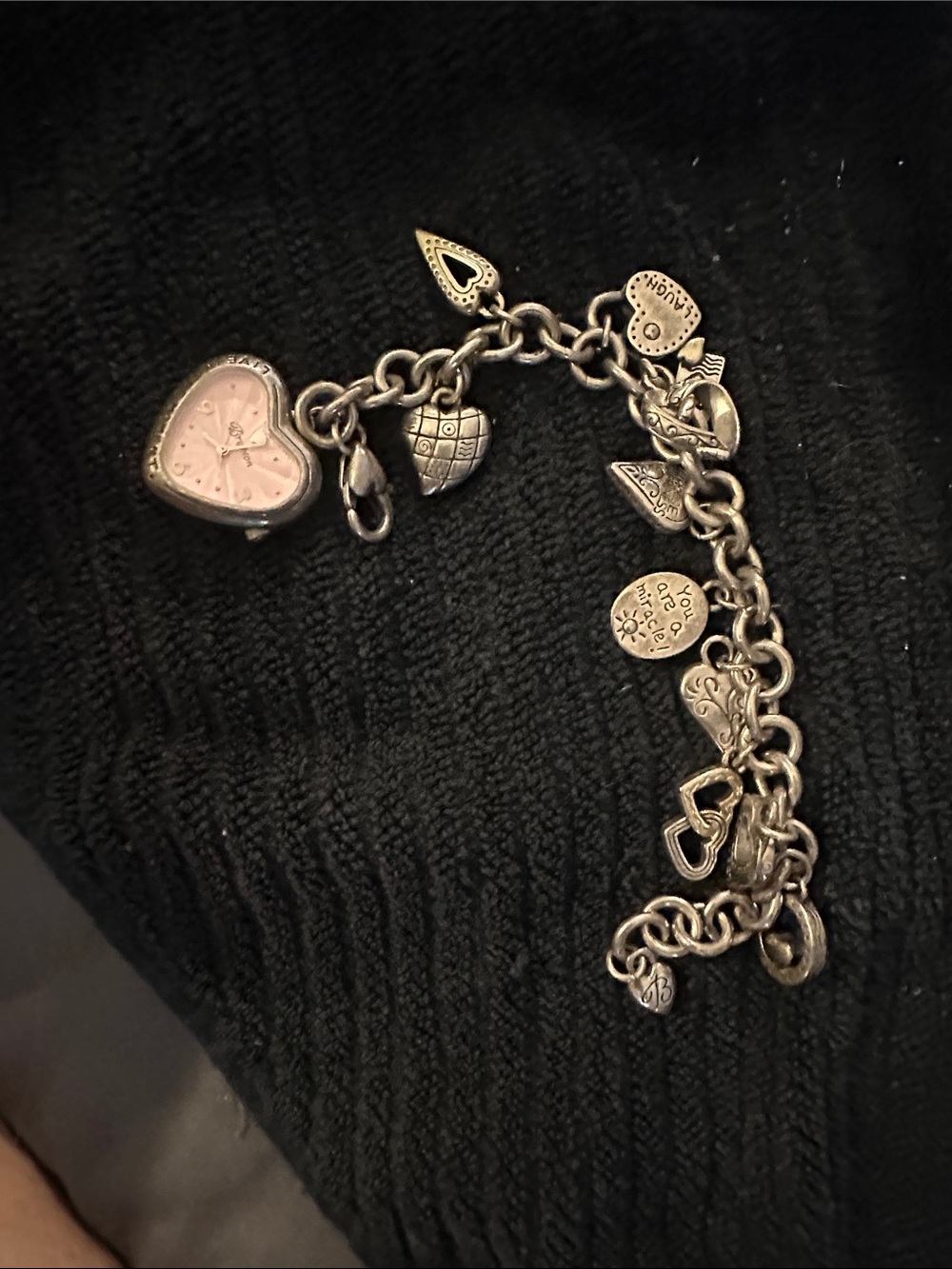 Brighton Silver-Tone Heart Charm Bracelet with Pink Heart Watch Charm